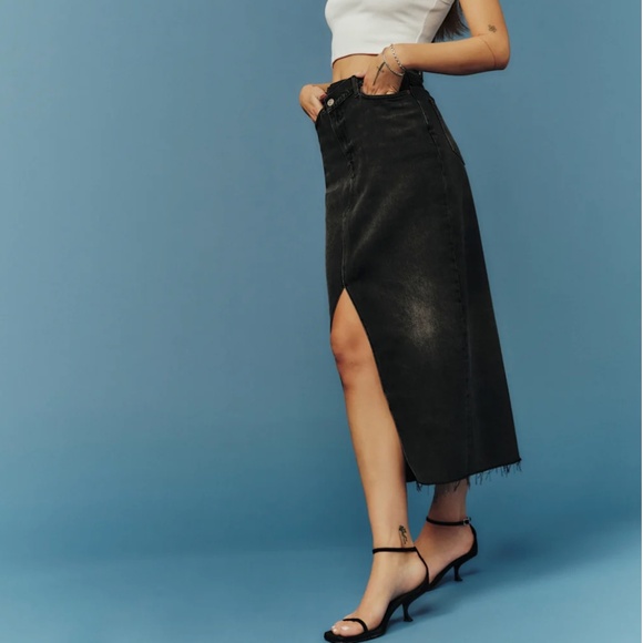 Reformation Nila Long Denim Skirt Black Denim - Size 28 - Picture 3 of 7